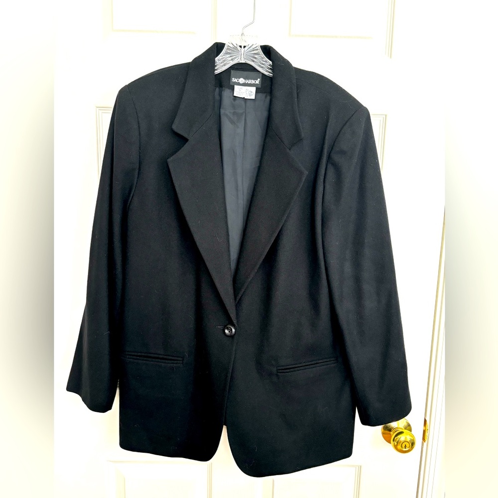 WOMENS SAG HARBOR NAVY BLUE WOOL LINED  ONE BUTTON BLAZER-TWO SLIT POCKETS SZ 18